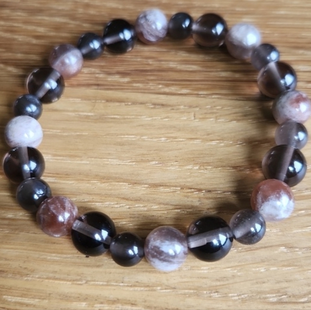 Fire Sunstone, Smoky Quartz & Ice Obsidian Bead Stretch Bracelet, Hand Crafted - Picture 3 of 9